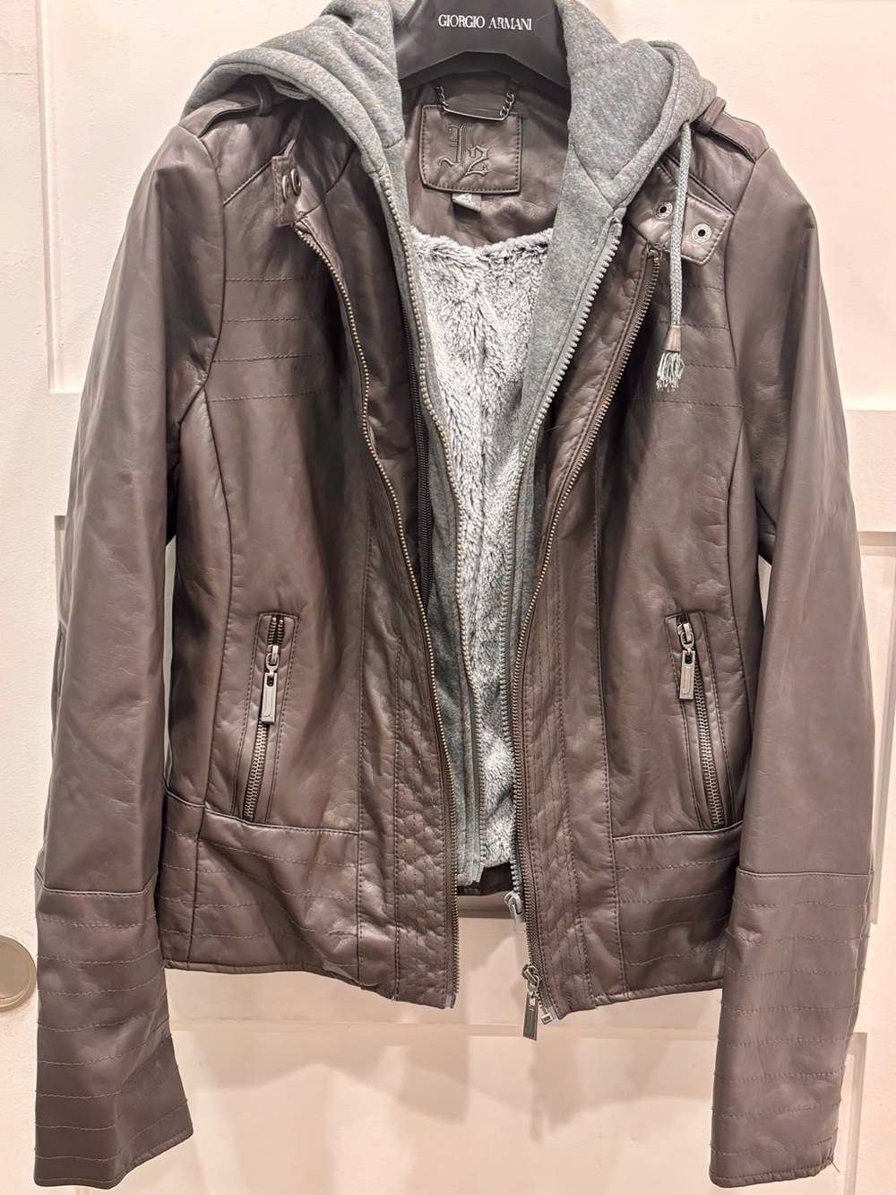 J2 Brown Vegan Leather Hooded Jacket with Knit Grey Hoodie Liner Faux Fur Lined